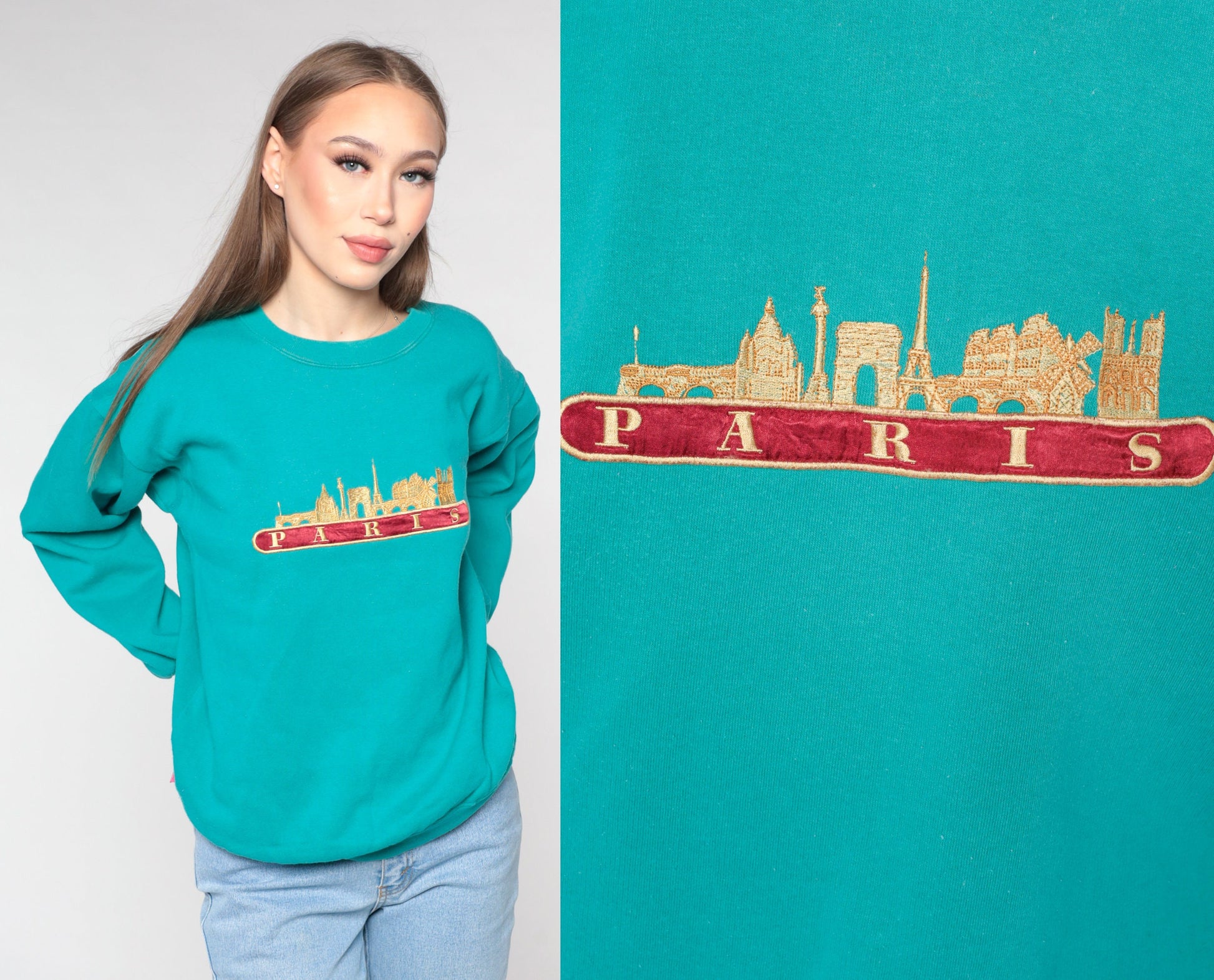 90s Paris Eiffel Tower Embroidered Sweatshirt Teal Green Crewneck Large