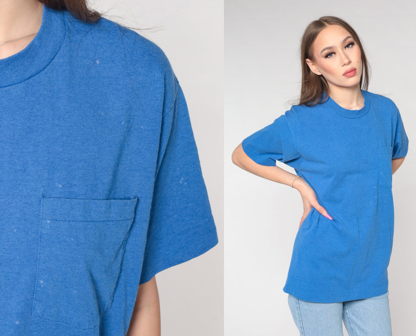 90s Blue Pocket T-Shirt Distressed Bleach Marks Cotton Large