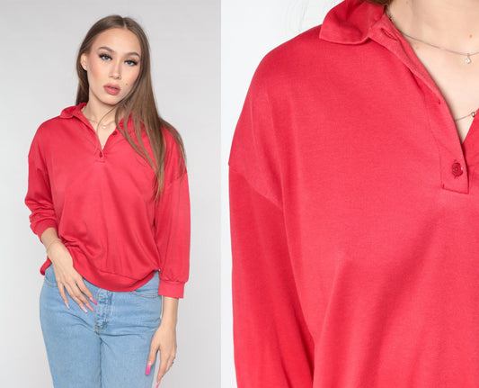 80s Red Quarter-Button Collared Sweatshirt Slouchy Pullover Medium