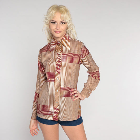 70s Checkered Button-Up Shirt Red Brown Dagger Collar Long Sleeve Small
