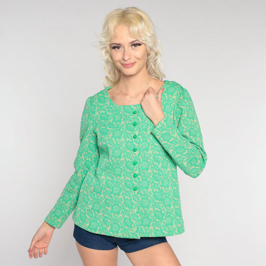 70s Green Floral Button-Up Blouse Long Sleeve Textured Print Small