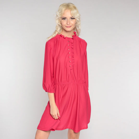 80s Bright Pink Shirtwaist Mini Dress Ruffle Collar Button-Up 3/4 Sleeve Large