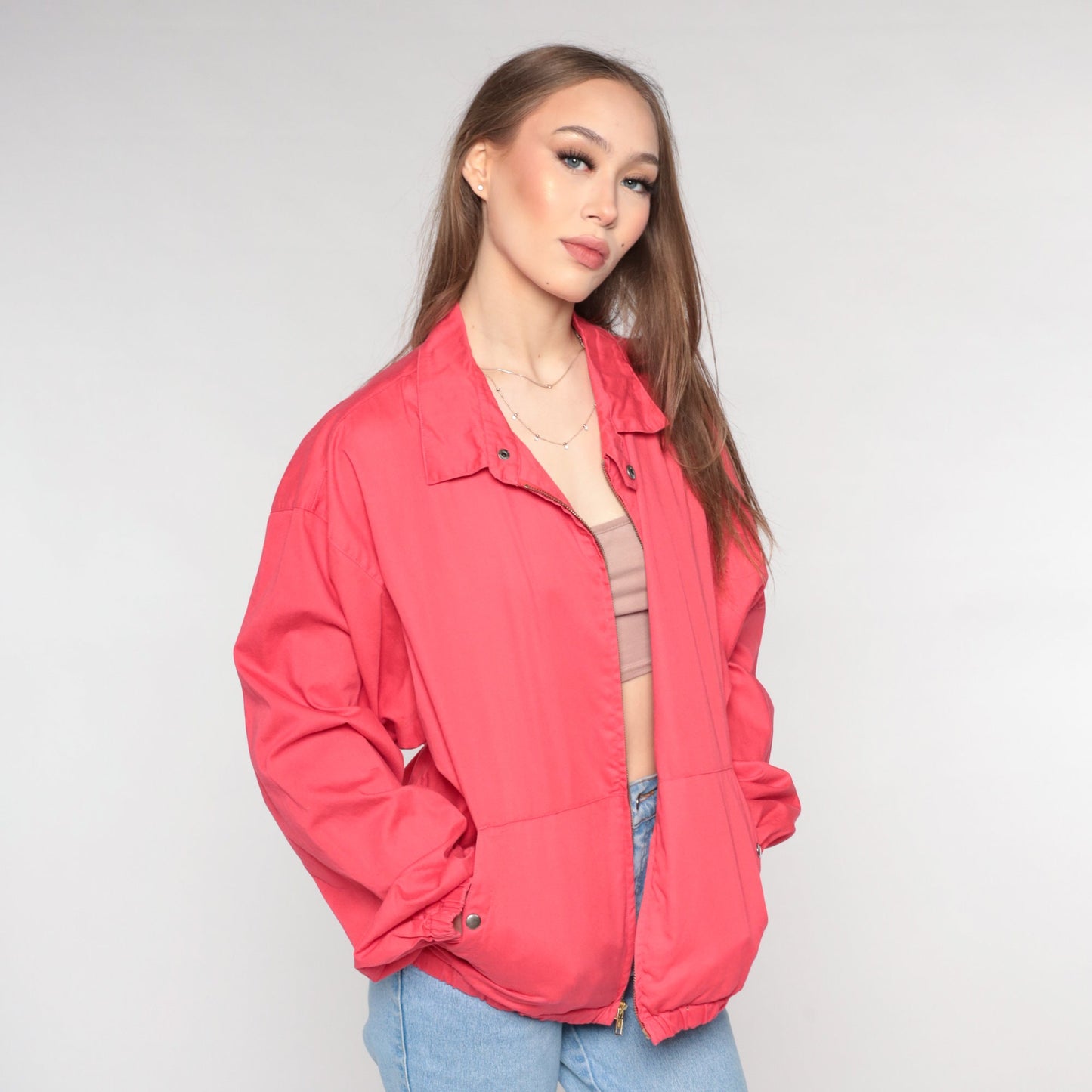 90s Red Cotton Windbreaker Jacket Zip Up Collared Large L