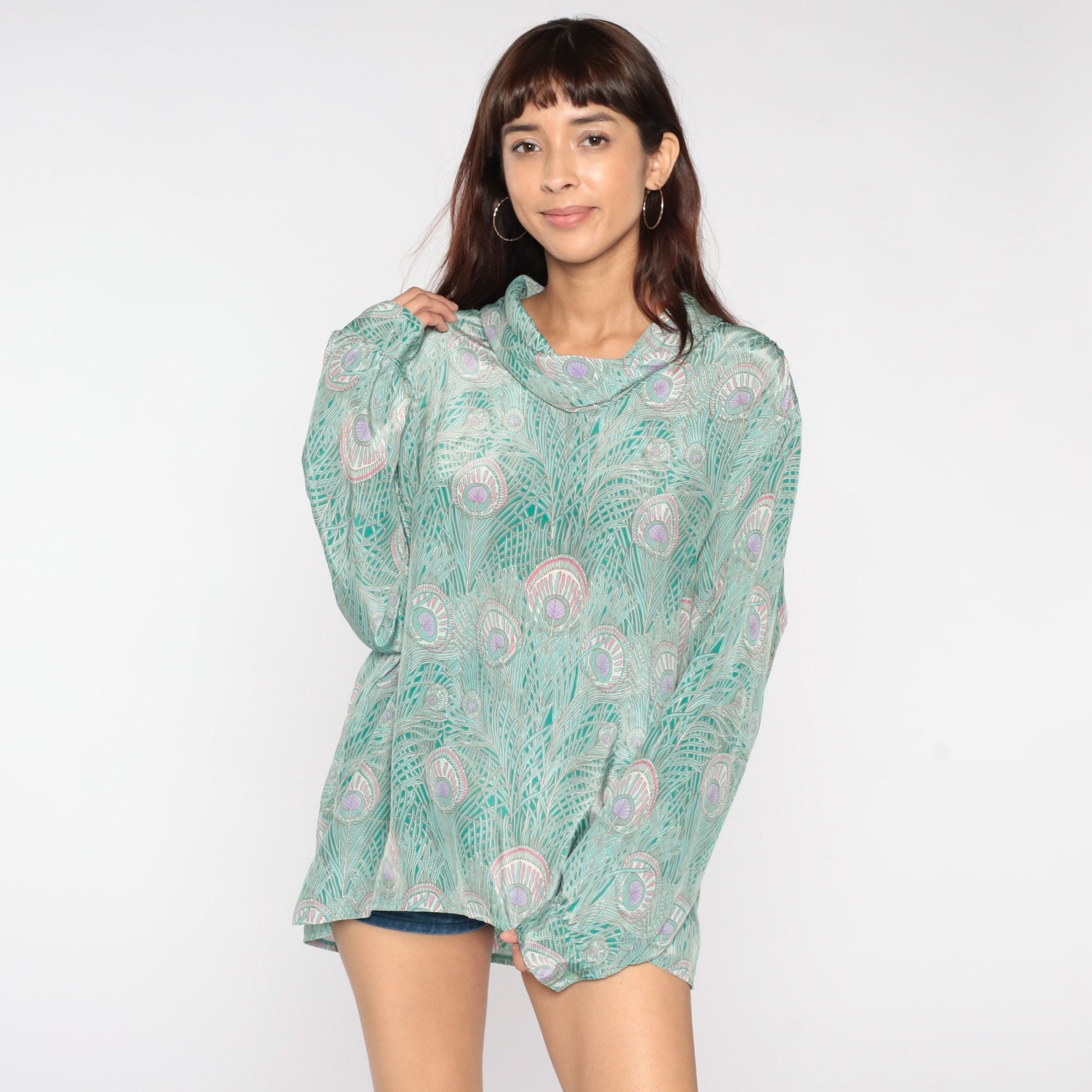 70s Peacock Feather Blouse Green Cowl Neck Disco Shirt Campus Casuals