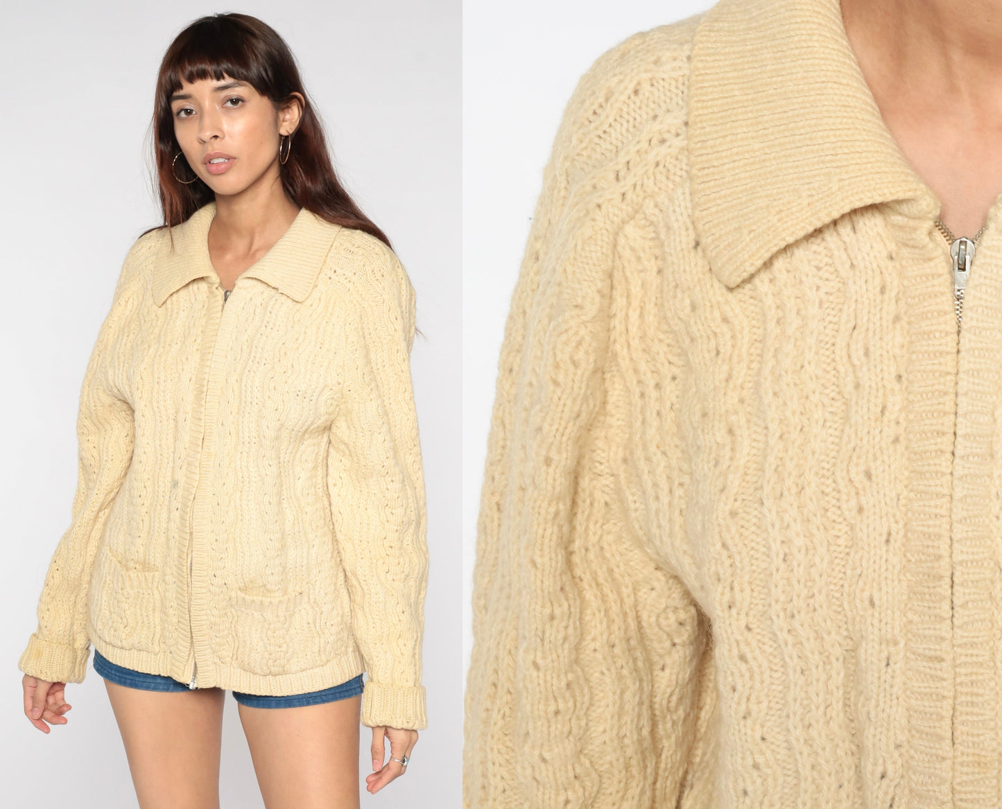 70s Cream Wool Cable Knit Cardigan Zip-Up Fisherman Sweater Large
