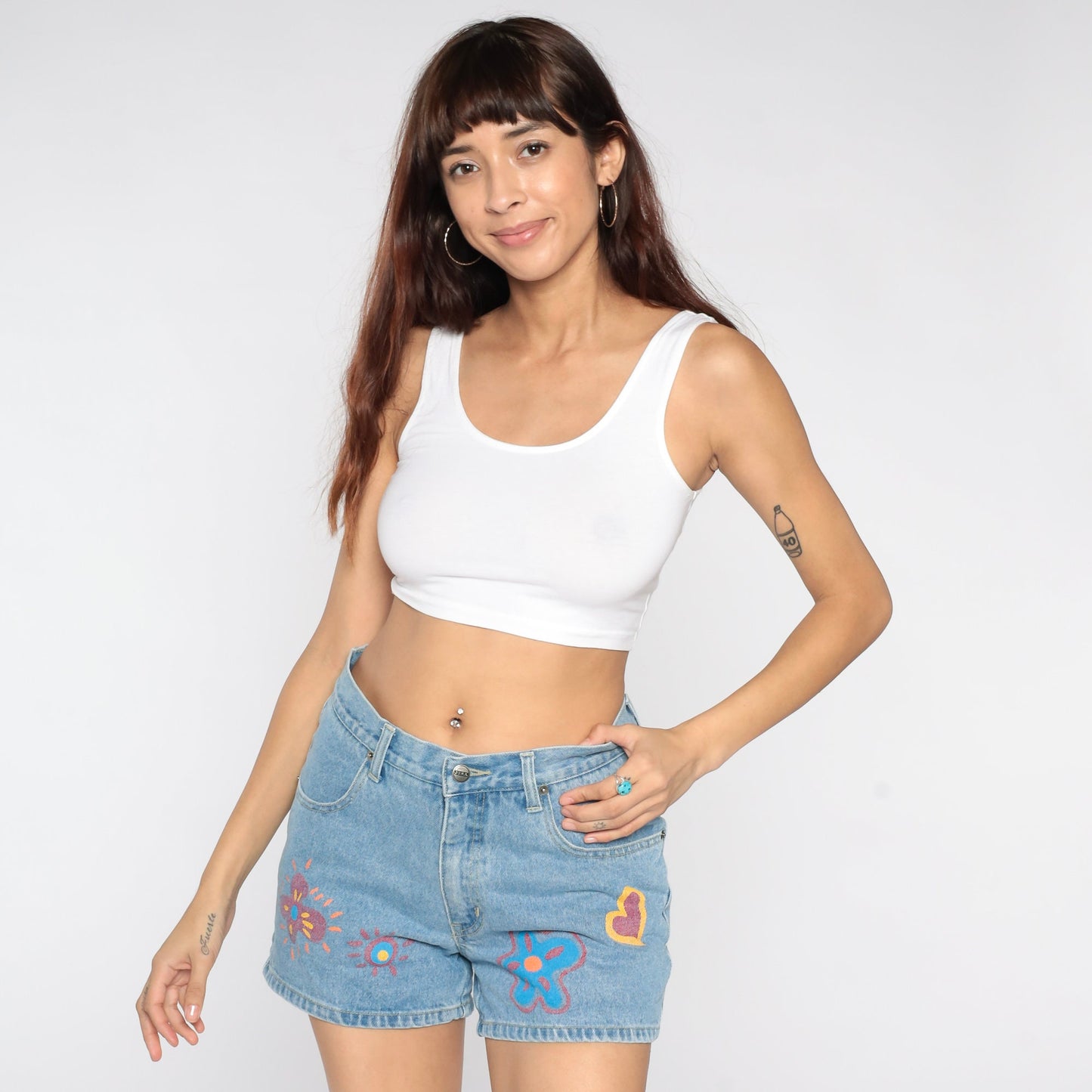 90s Junk Jeans Denim Shorts Painted Flower Heart Print Blue Medium