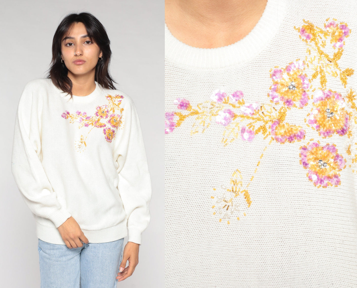 90s White Floral Sequin Beaded Sweater Dolman Sleeve Knit Large