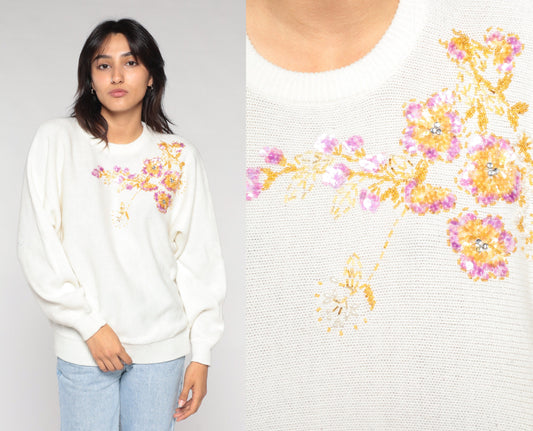 90s White Floral Sequin Beaded Sweater Dolman Sleeve Knit Large