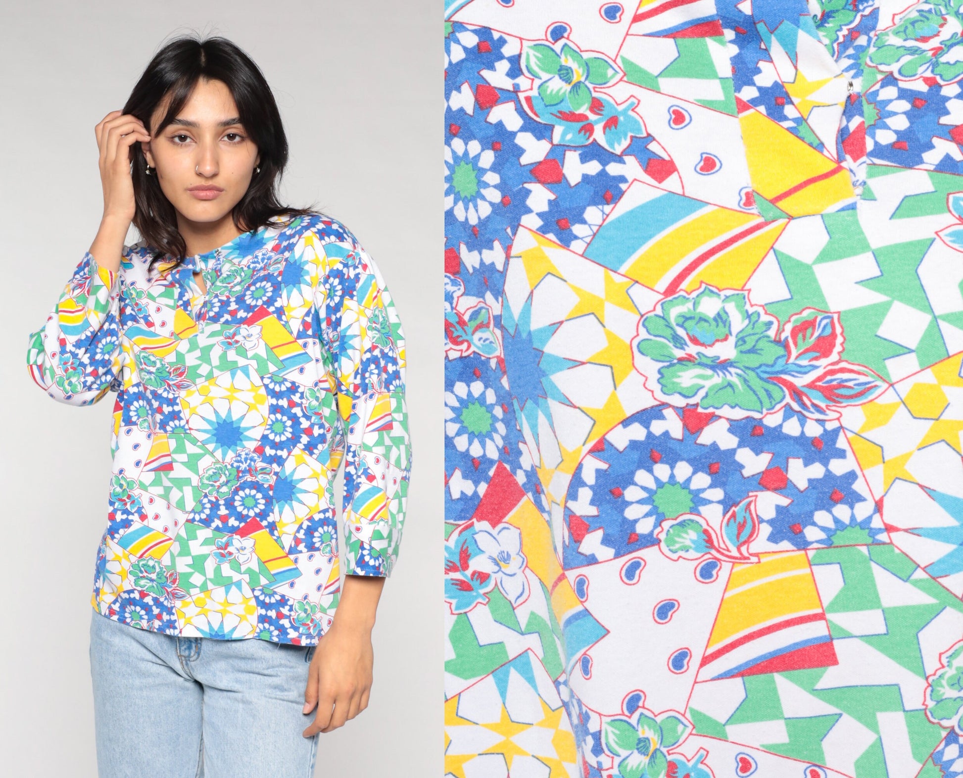 90s Abstract Floral Print Blouse Colorful Psychedelic 3/4 Sleeve White Large L
