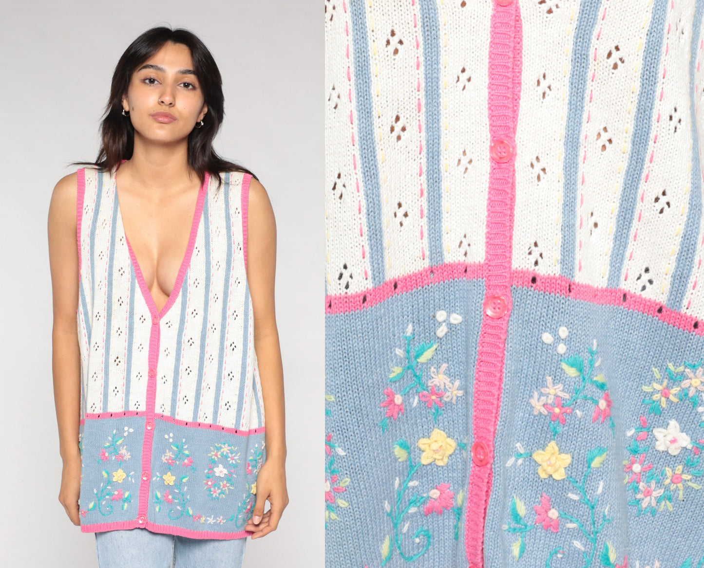 90s Floral Pointelle Knit Sweater Vest Button-Up White Pink Blue Extra Large XXL