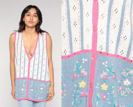 90s Floral Pointelle Knit Sweater Vest Button-Up White Pink Blue Extra Large XXL