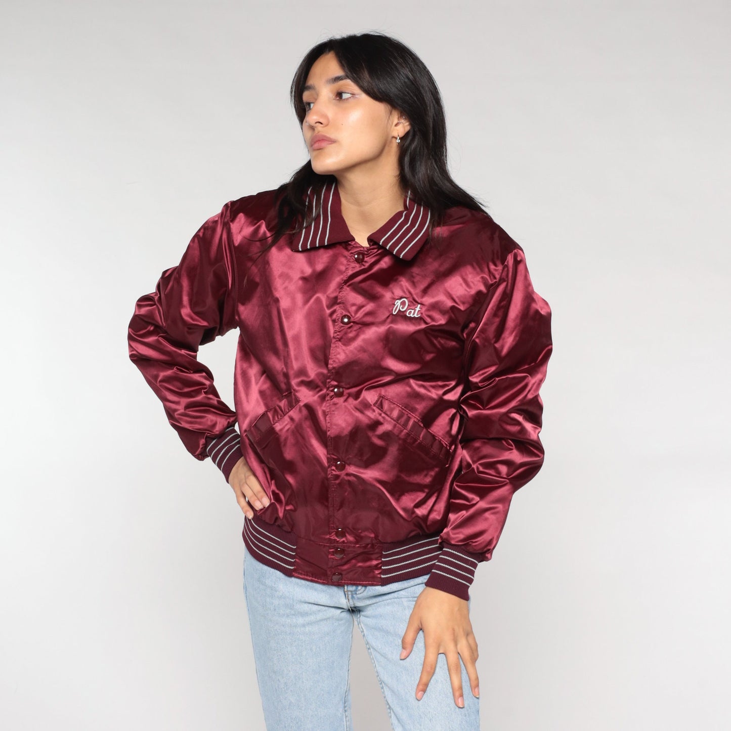 80s National Roofing Burgundy Nylon Bomber Jacket Embroidered Pat Small