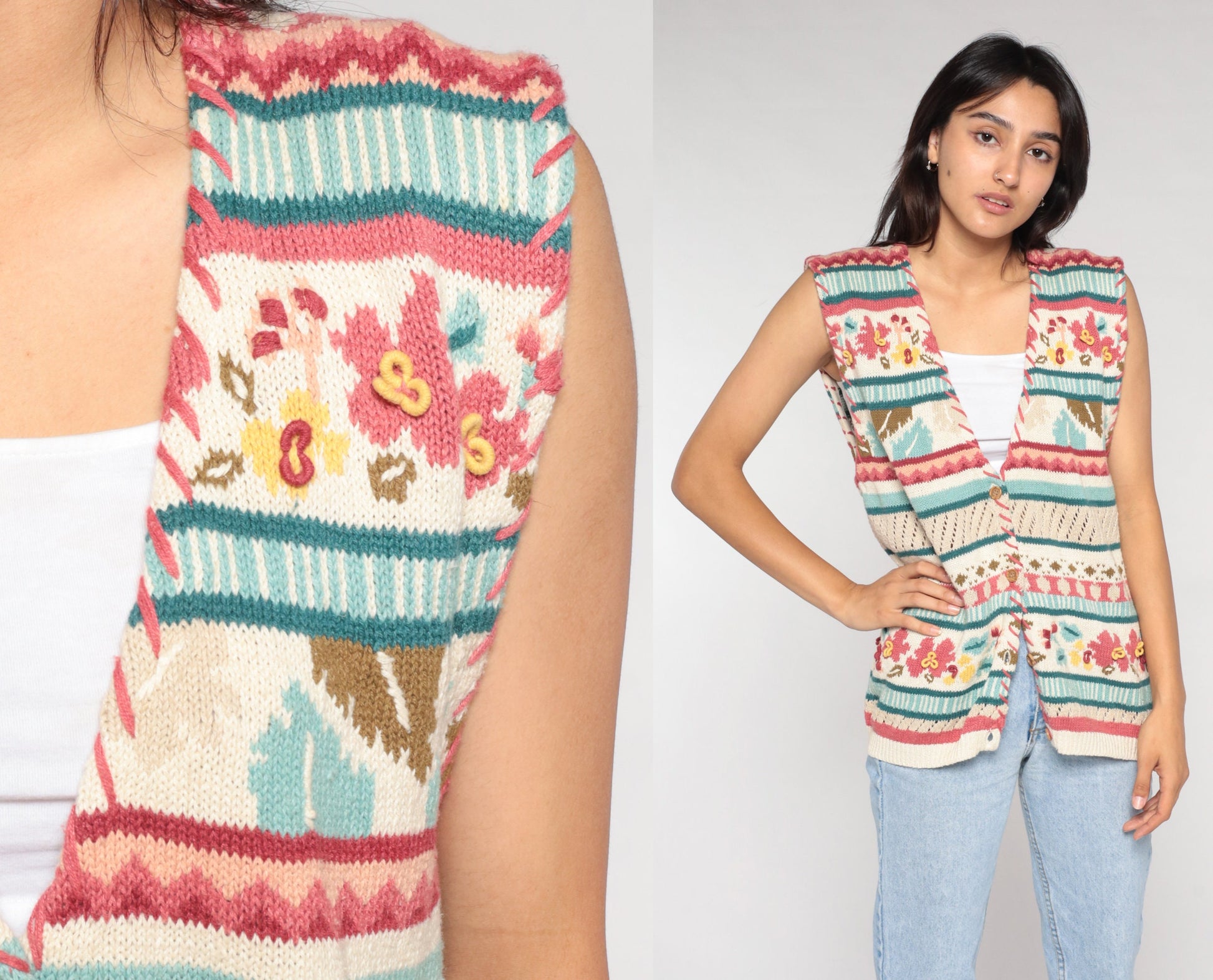 90s Striped Floral Sweater Vest Button-Up Knit White Pink Blue Large L