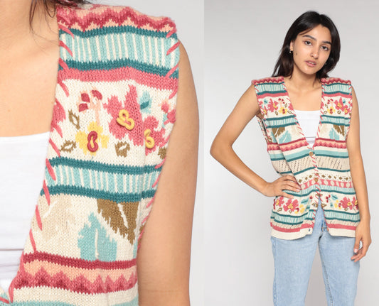 90s Striped Floral Sweater Vest Button-Up Knit White Pink Blue Large L