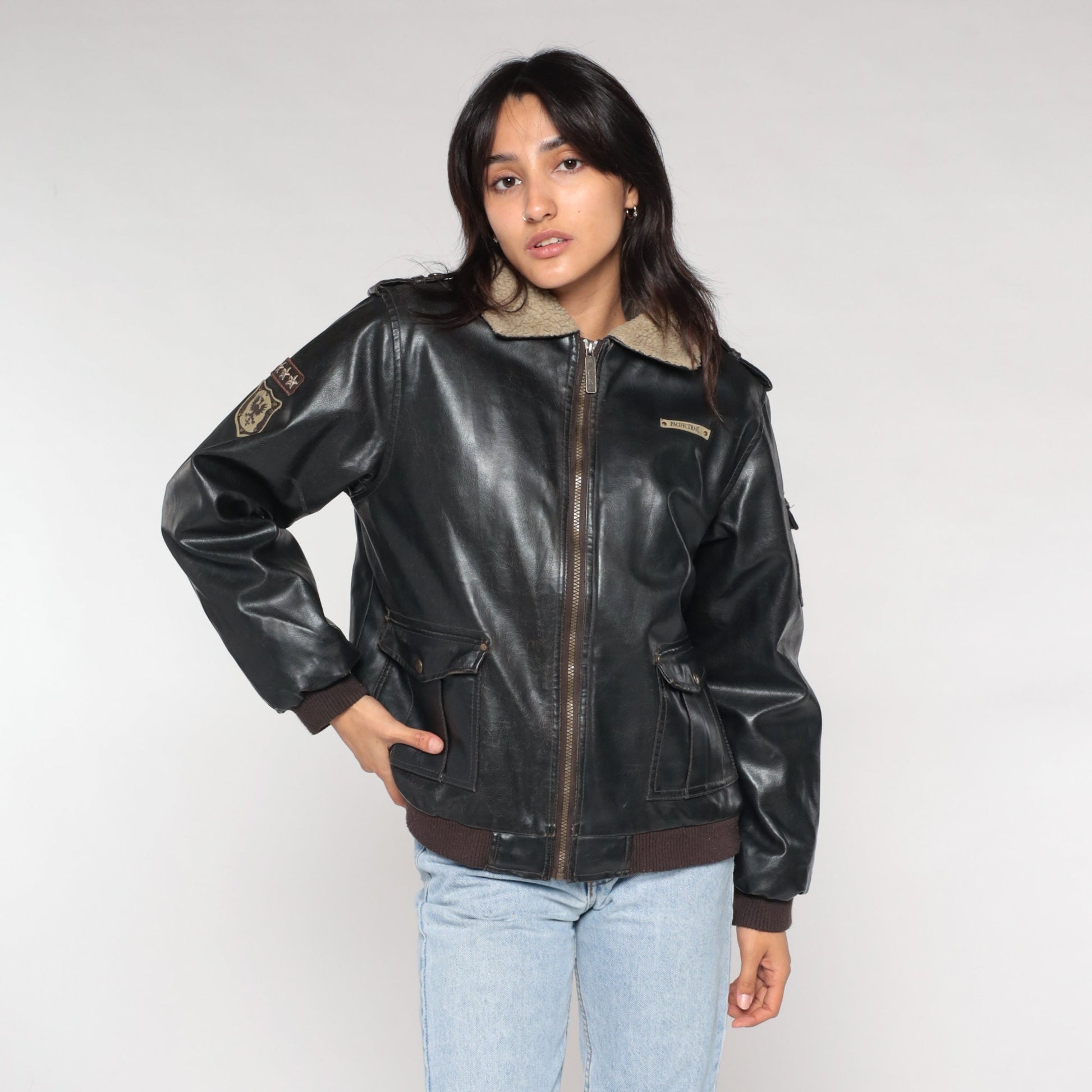 Y2K Pacific Trail Faux Leather Sherpa Aviator Jacket Dark Brown Small