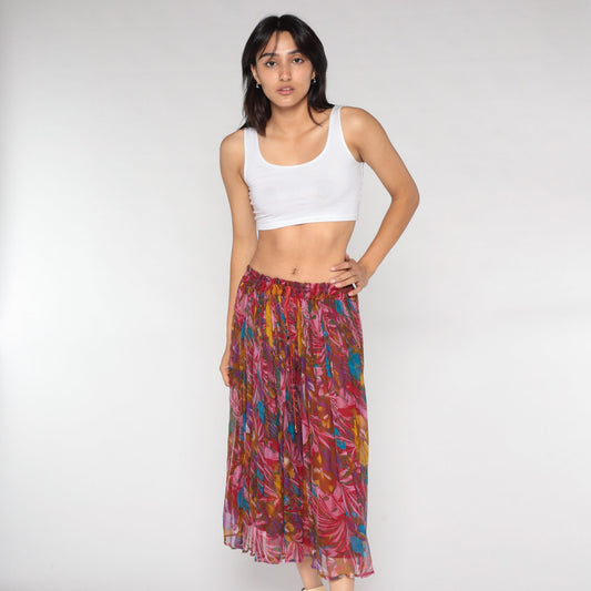 90s Red Floral Broomstick Midi Skirt Drawstring Waist Medium M