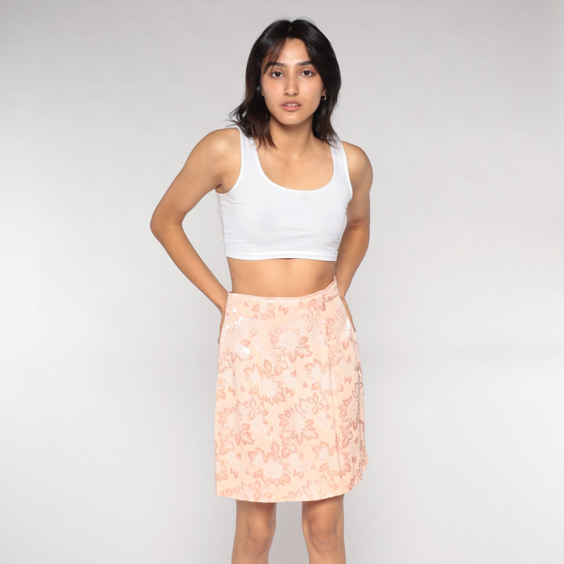 90s Light Pink Embossed Floral Pencil Mini Skirt High Waisted Slit Small