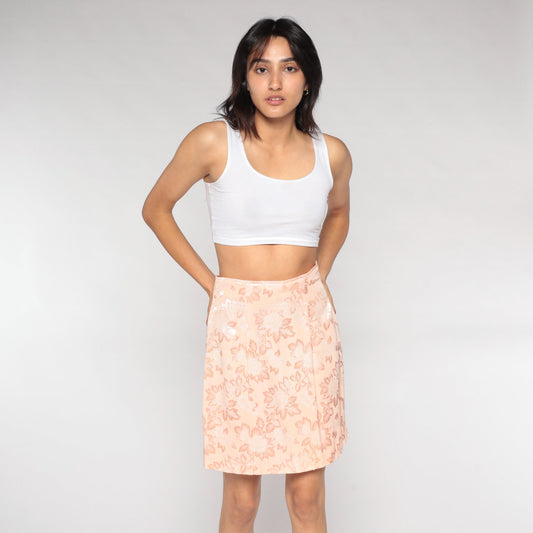 90s Light Pink Embossed Floral Pencil Mini Skirt High Waisted Slit Small