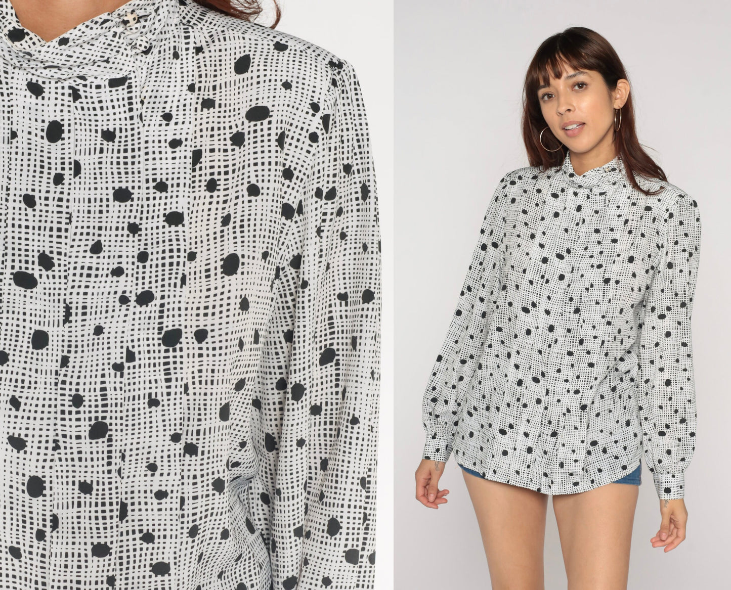 80s Black White Polka Dot Mock Neck Blouse Pleated Long Sleeve Large
