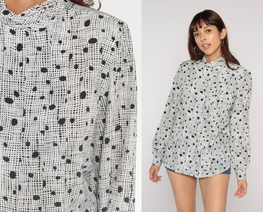 80s Black White Polka Dot Mock Neck Blouse Pleated Long Sleeve Large