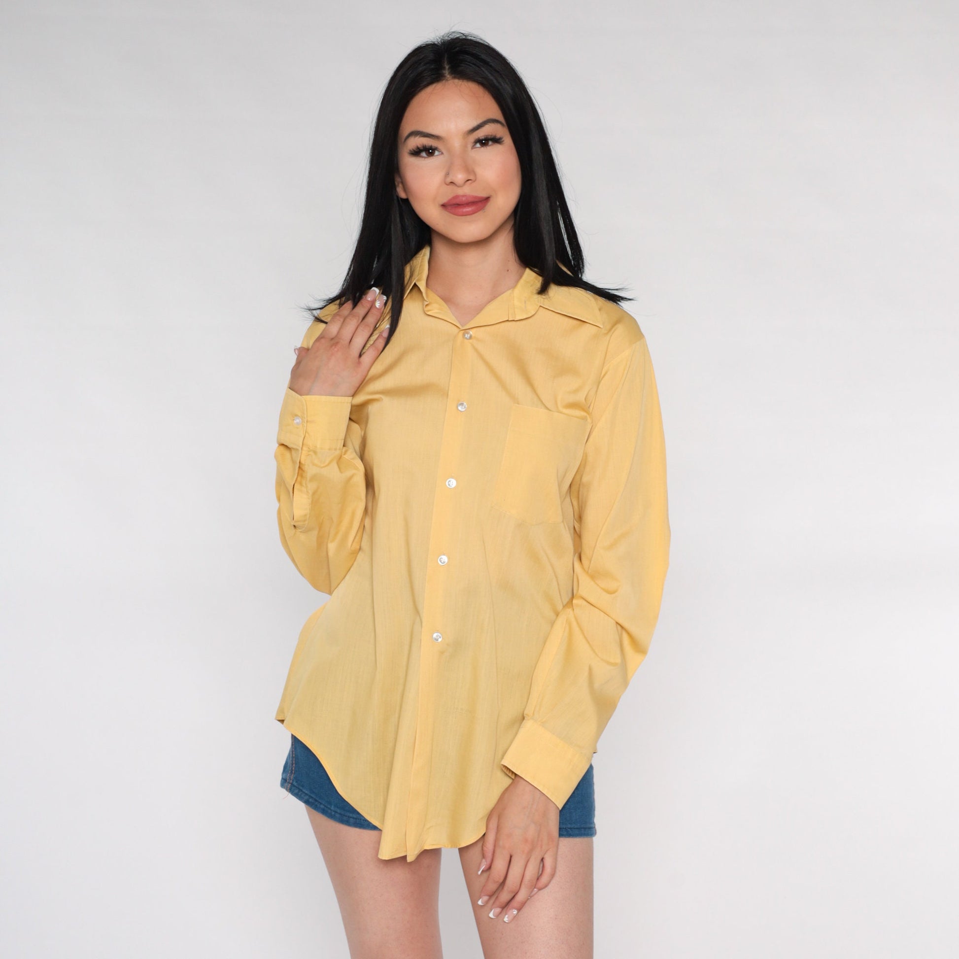 70s Yellow Dagger Collar Button-Up Shirt Long Sleeve Men's Medium