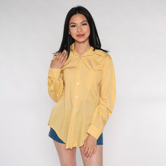 70s Yellow Dagger Collar Button-Up Shirt Long Sleeve Men's Medium