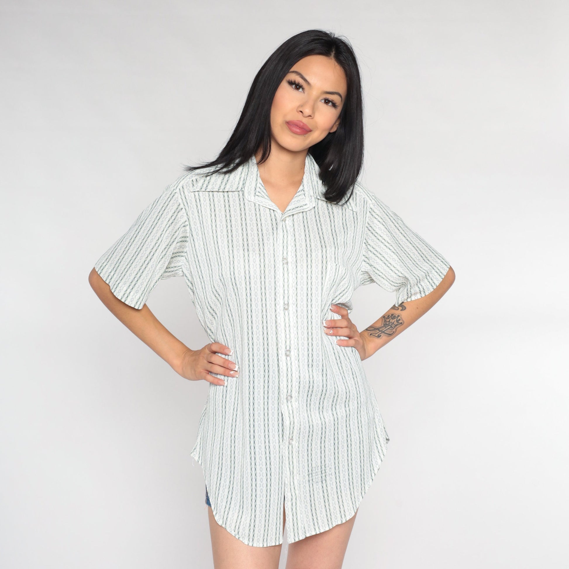 70s Sears White Striped Oxford Button-Up Shirt Green Blue Short Sleeve Medium