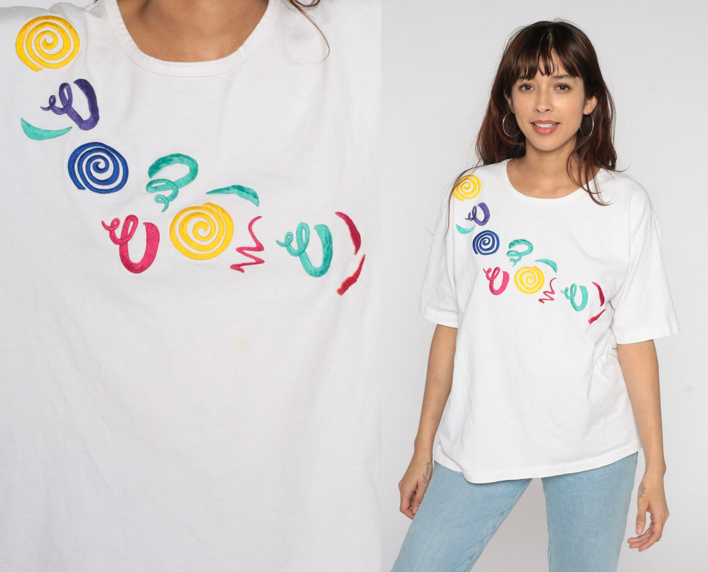 90s Iced T's Embroidered Swirl T-Shirt White Multicolor Abstract Graphic Large