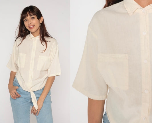 90s Tie Front Blouse Cream Cotton Button Up Short Sleeve Small