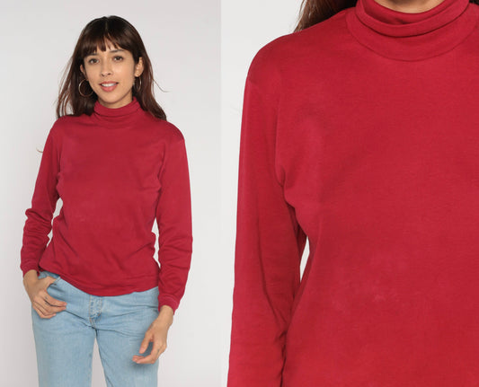 Y2K Red Turtleneck Long Sleeve Shirt Small Medium