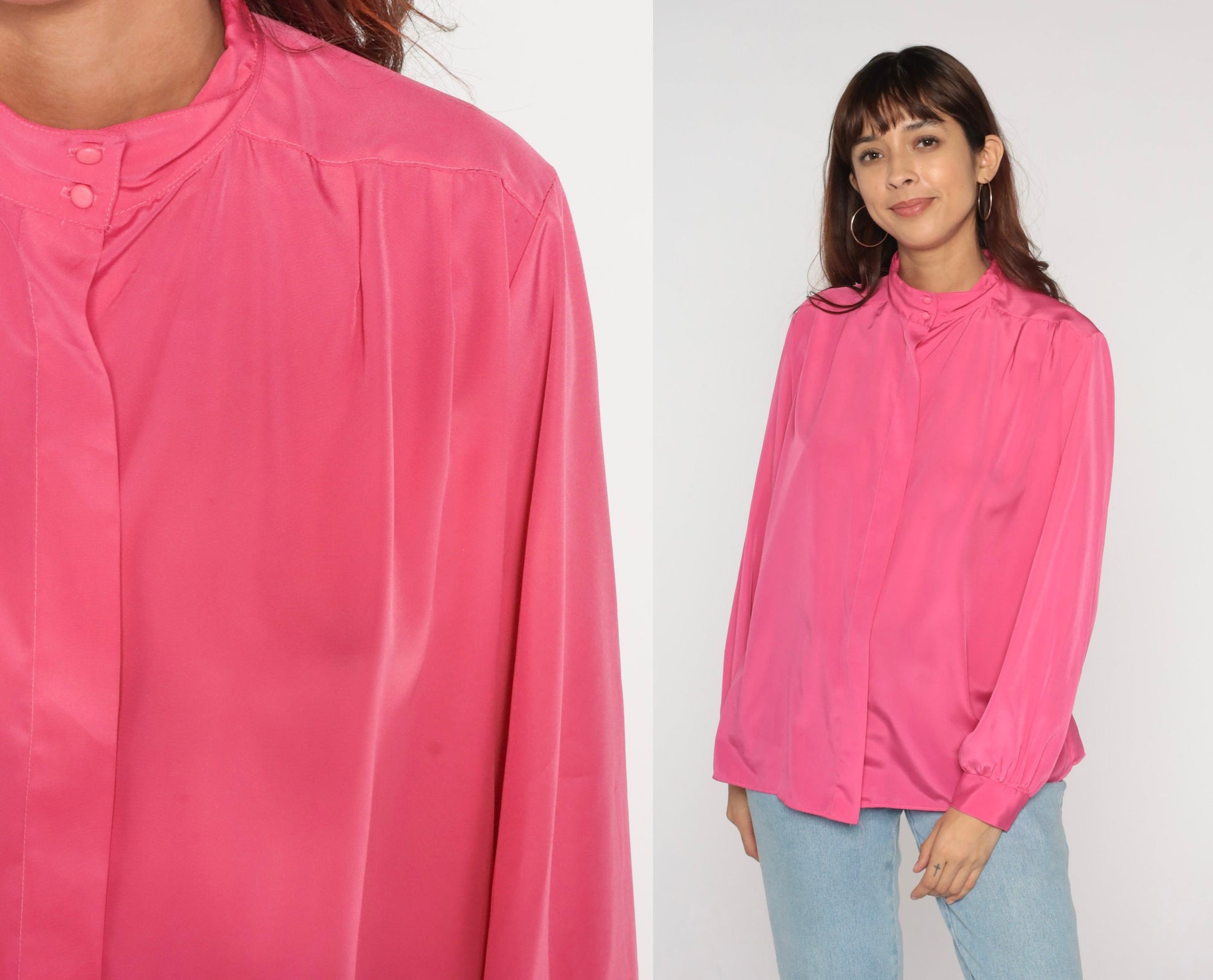 90s Hot Pink Balloon Sleeve Button-Up Blouse Large L