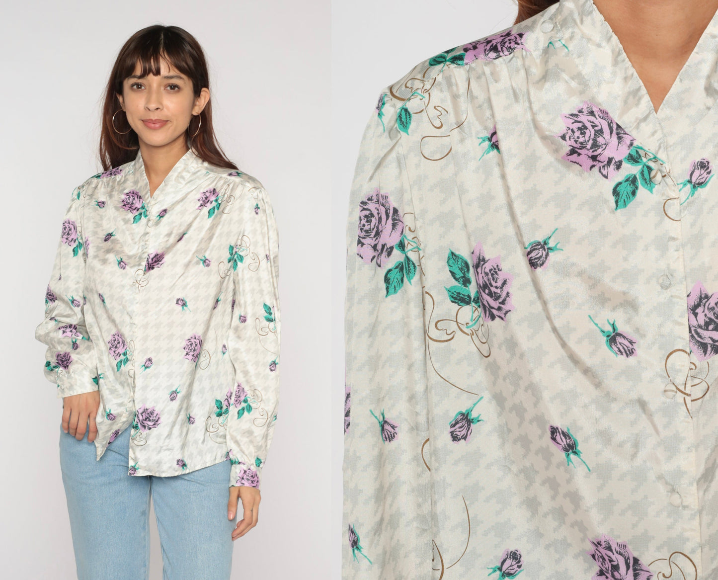 90s Houndstooth Floral Button-Up Blouse Long Sleeve White Grey Purple Medium