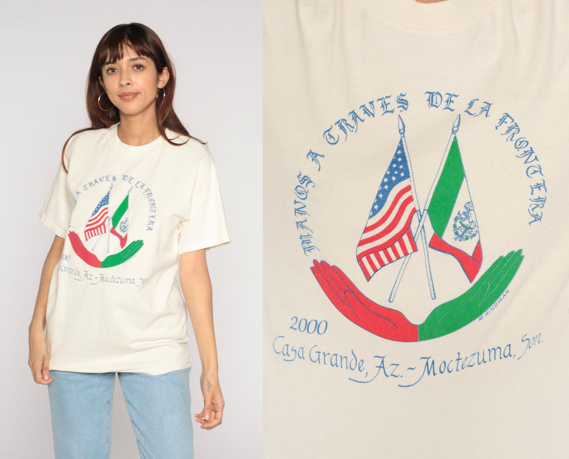 Y2K Manos a Través de la Frontera Graphic Tee Off-White Cotton Medium M