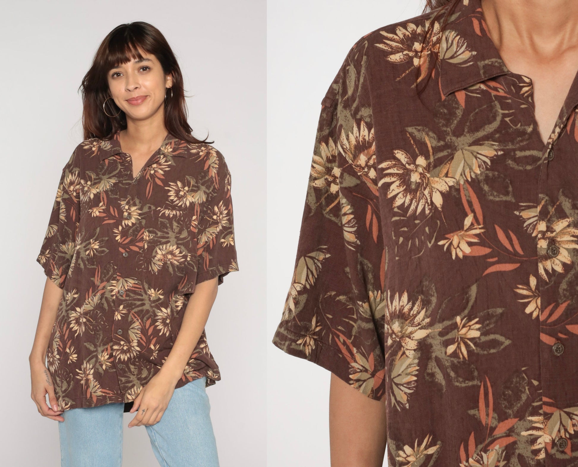 Y2K Geoffrey Beene Floral Leaf Print Silk Blend Button-Up Shirt Brown Large