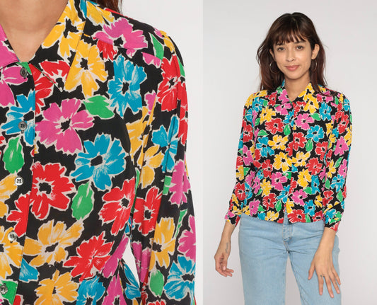 90s Liz Claiborne Floral Button Up Blouse Black Colorful Print Long Sleeve Small
