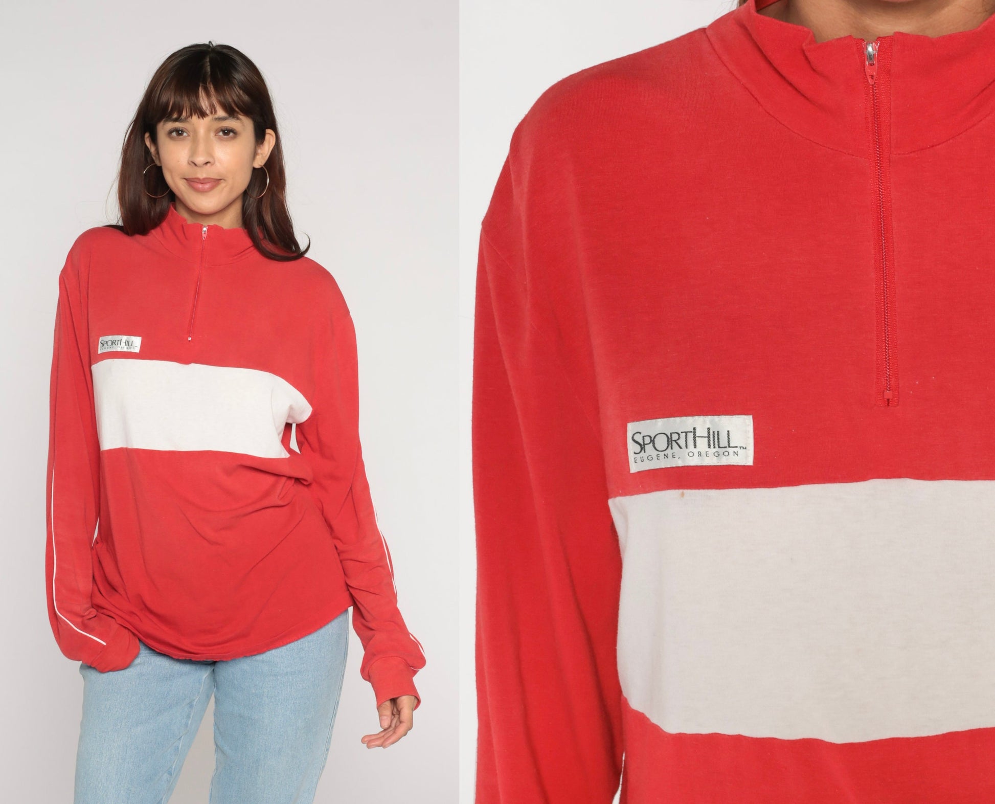 90s Sporthill Quarter Zip Long Sleeve Shirt Red White Stripe Large L