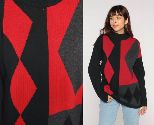 90s Merino Wool Diamond Harlequin Sweater Mock Neck Black Red Charcoal Medium M