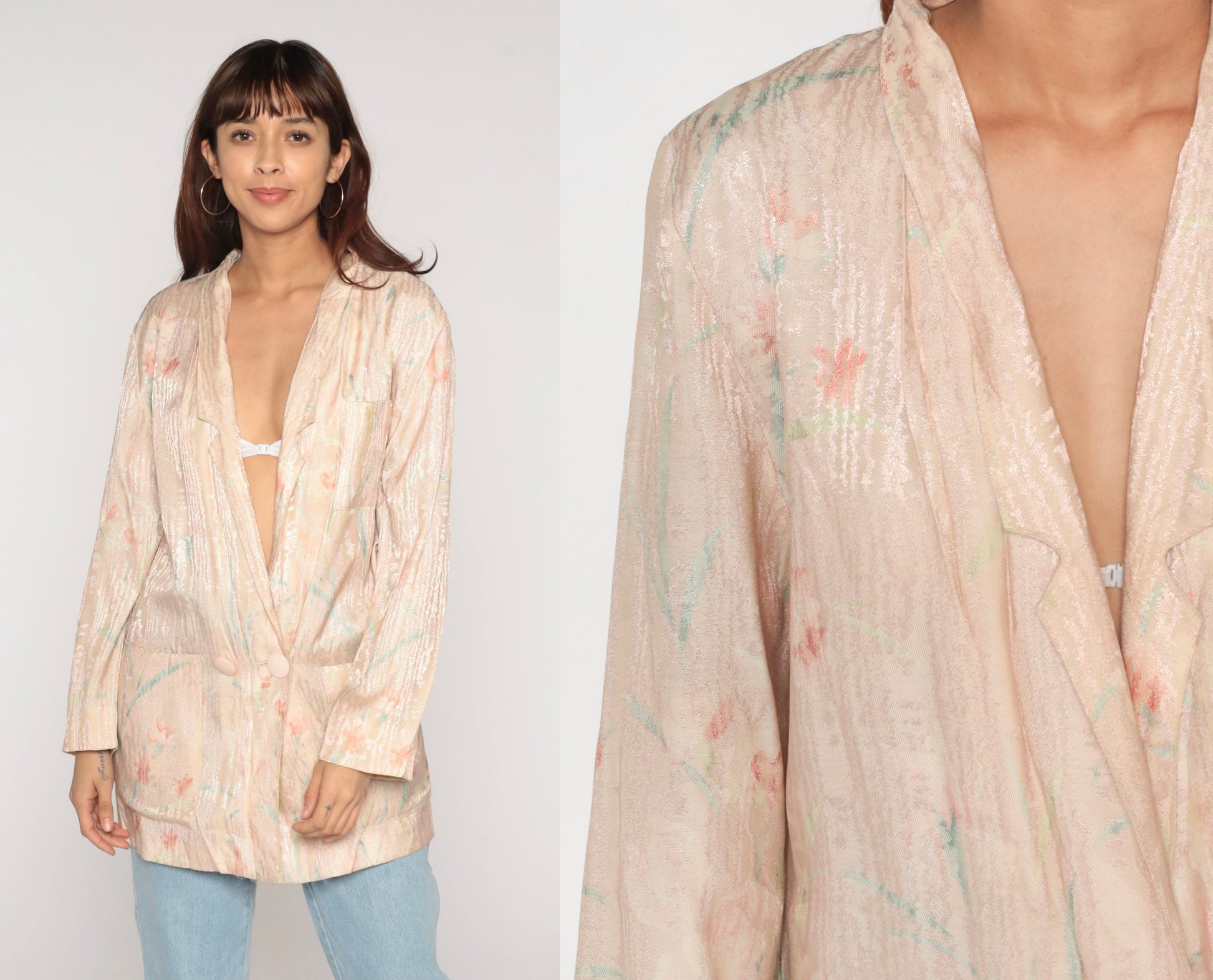 90s Blush Pink Floral Abstract Blazer Double Breasted Embossed Shiny Jacket Large L