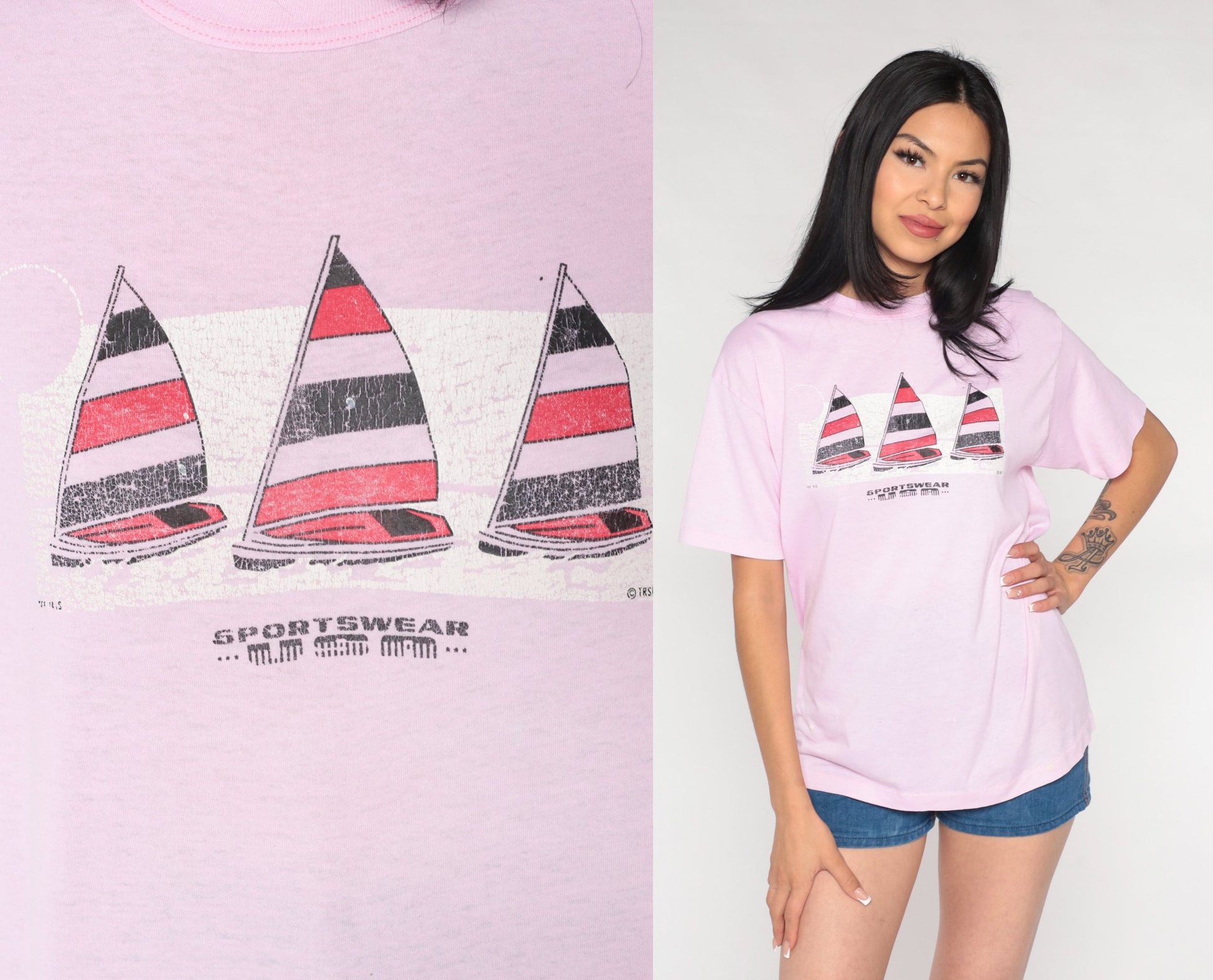 90s Sailboat Graphic Tee Pink Nautical Single Stitch Sportswear Medium