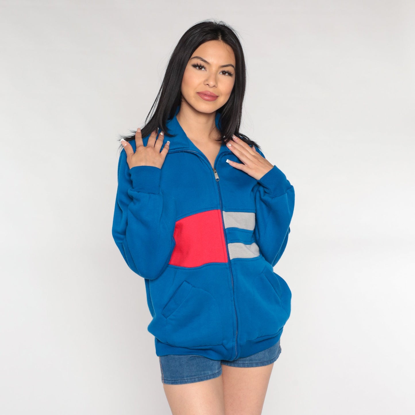 80s Royal Blue Track Jacket Red Grey Striped Zip Sweatshirt Medium