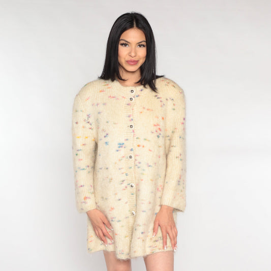 80s Cream Mohair Cardigan Sweater Rainbow Flecks Long Button-Up Medium