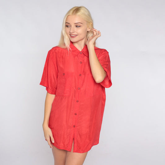 90s Red Silk Button-Up Blouse Short Sleeve Chest Pocket Small S