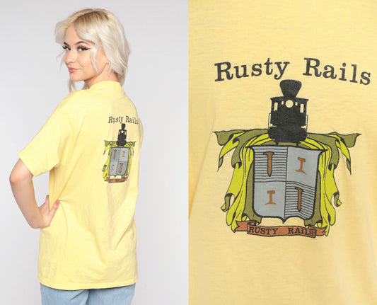 80s Rusty Rails Train Graphic T-Shirt Yellow Cotton Single Stitch Medium