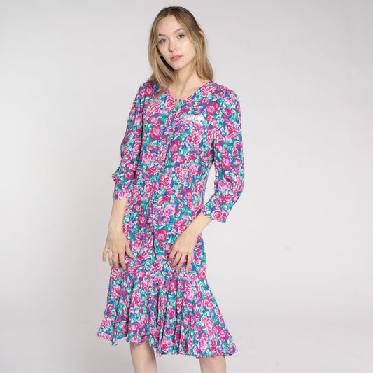 90s Floral Midi Dress Pink Rose Print Button-Up Long Sleeve Drop Waist Small