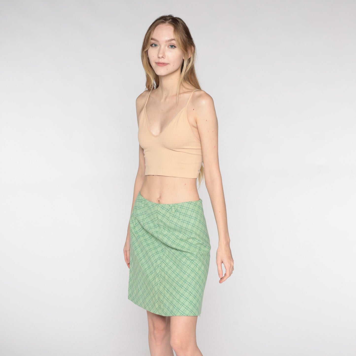 60s Green Checkered Mini Skirt High Waist Pencil Cut Small