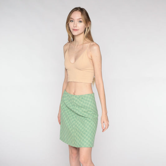 60s Green Checkered Mini Skirt High Waist Pencil Cut Small