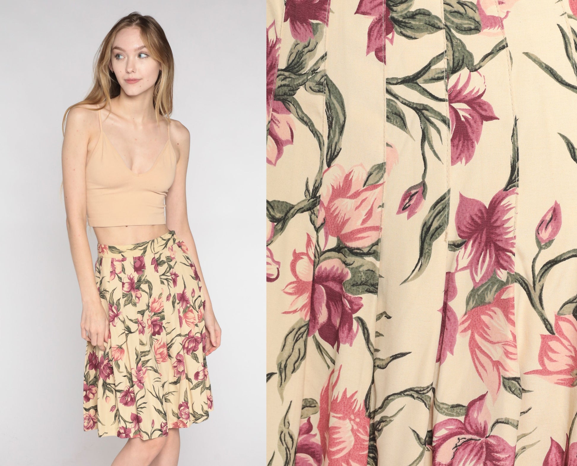 90s Floral Pleated Skirt High Waist Knee Length Yellow Pink Extra Small