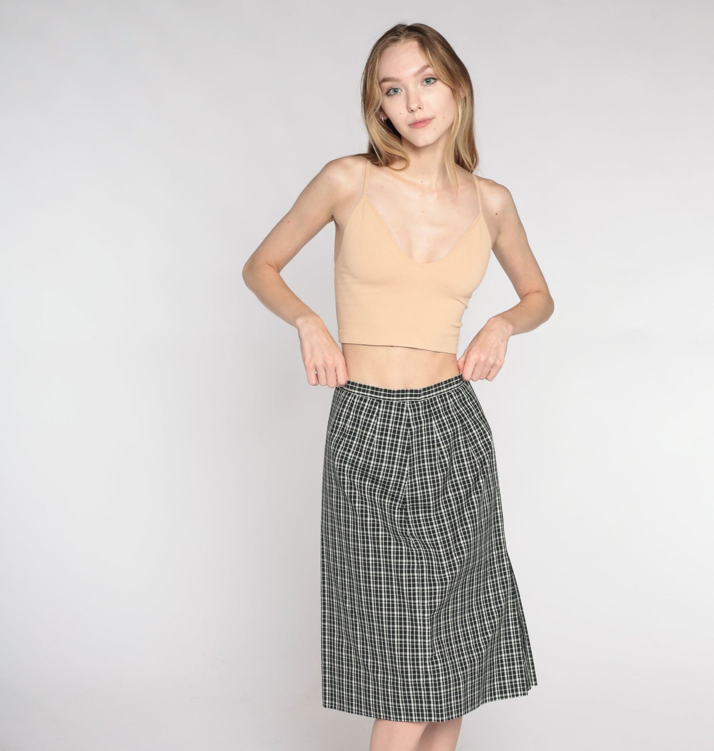 90s White Stag Black White Checkered Knee-Length Skirt Small
