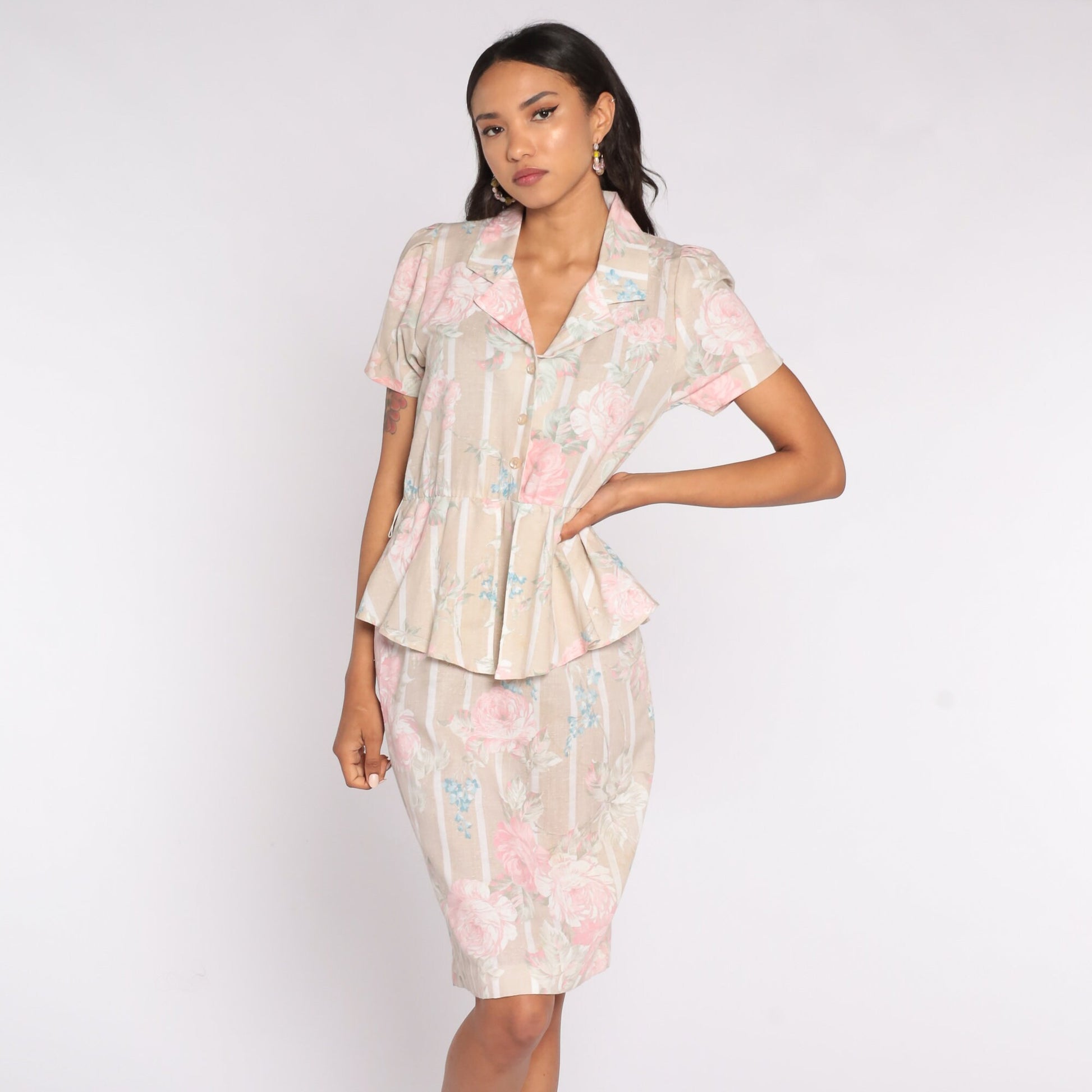 80s Floral Midi Shirtdress Beige Pink Peplum High Waist Button Up Small