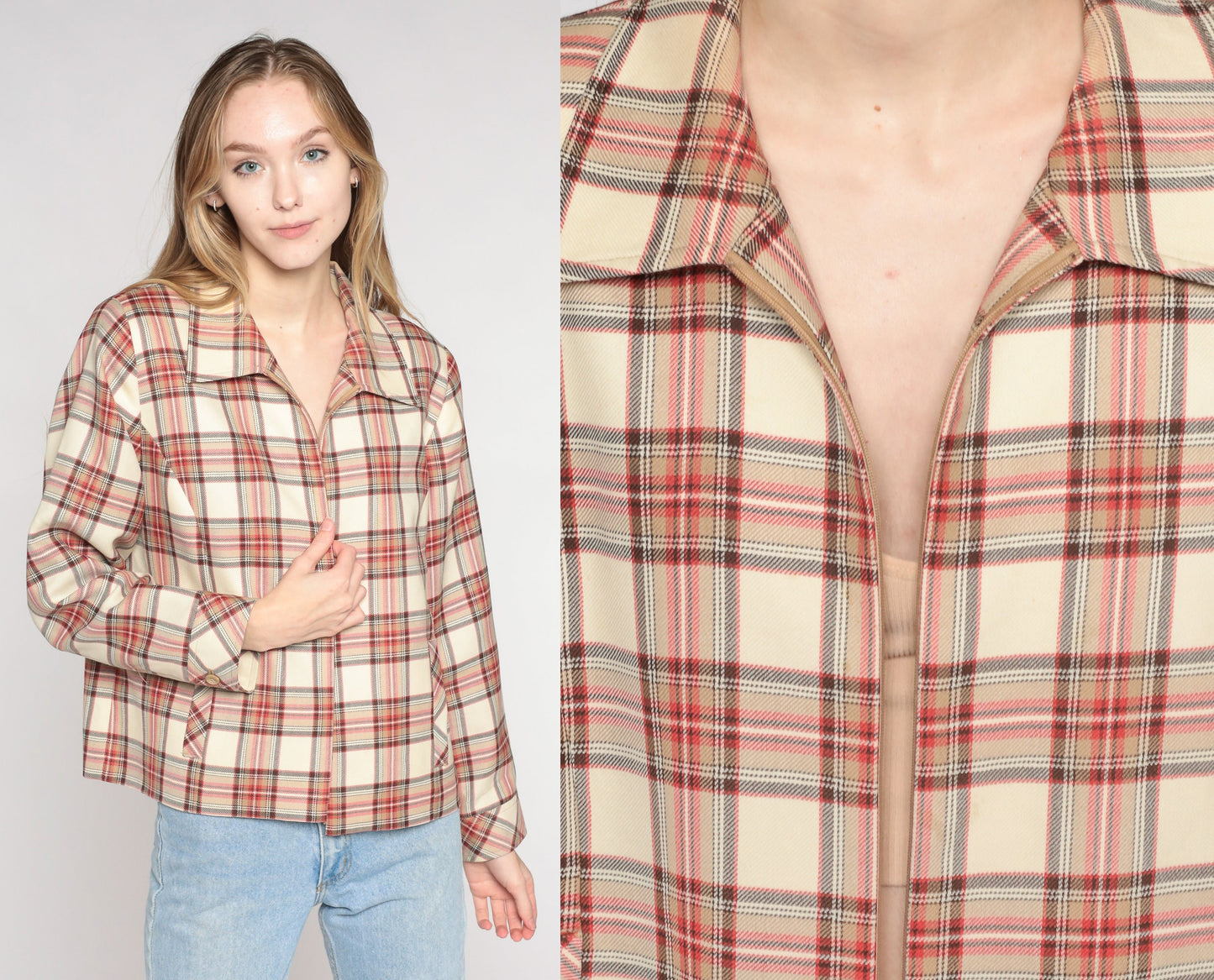 Pendleton Plaid Wool Zip Jacket Cream Red Checkered Collared Coat Large L